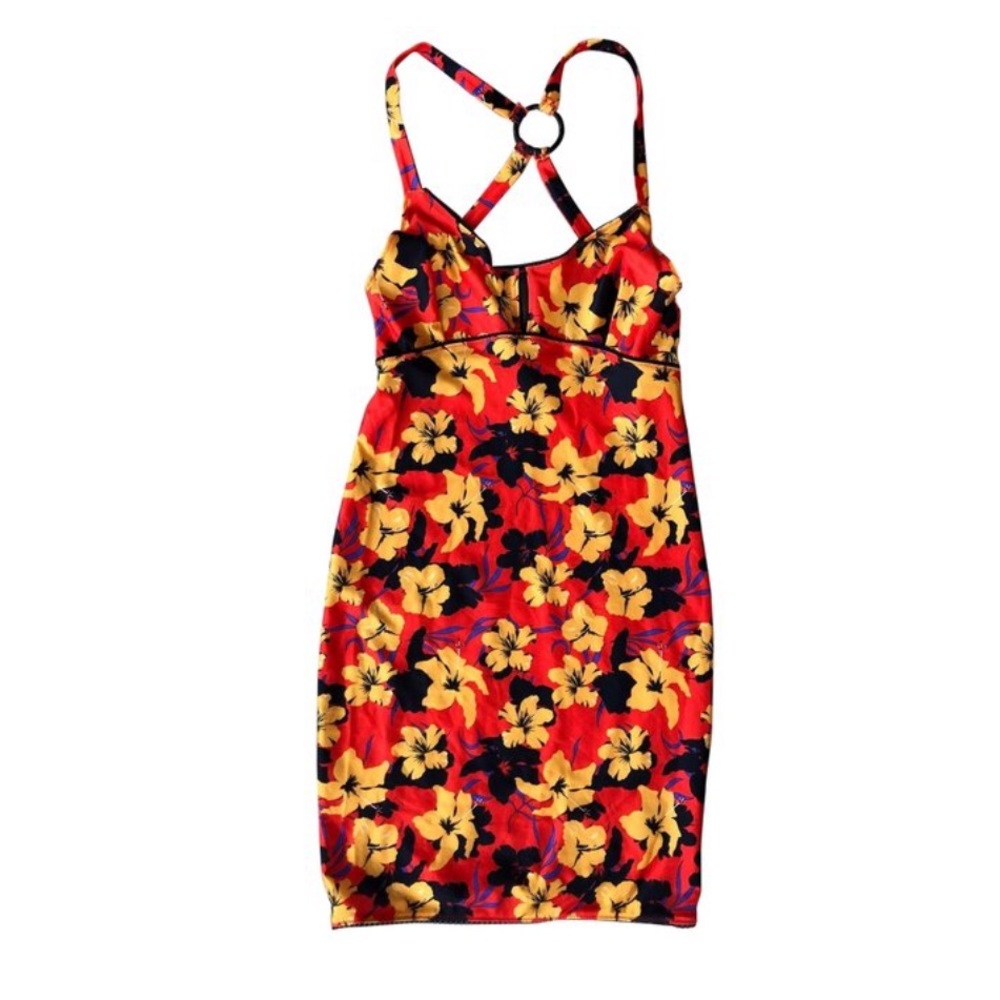 Urban Outfitters Floral Cross-back Bodycon Dress Black & Yellow Sz.L - Picture 3 of 7